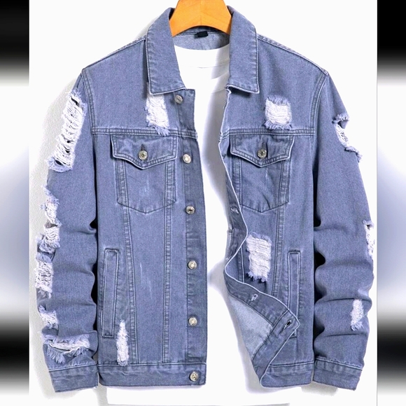 NEW ✨️ GRAY / BLUE DISTRESSED DENIM JEANS JACKET SIZE S - Picture 3 of 6